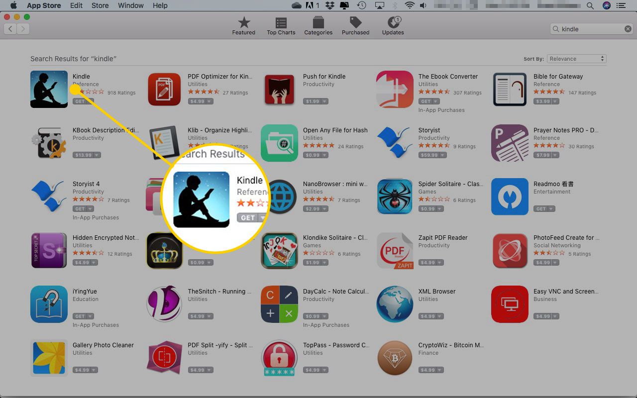 Магазин Mac App з виділеною програмою Kindle