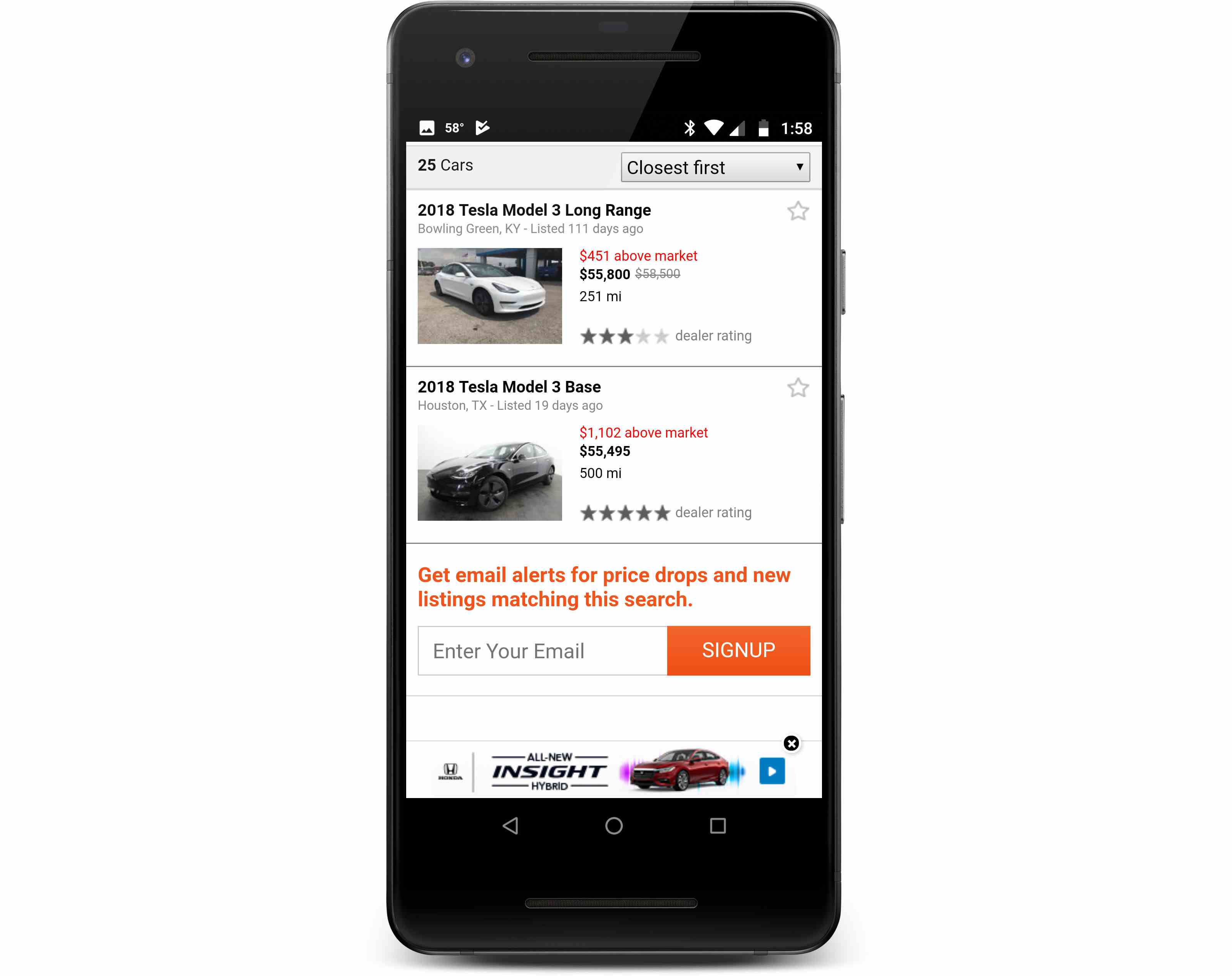 Додаток Used Car Search Pro, що відображається на телефоні