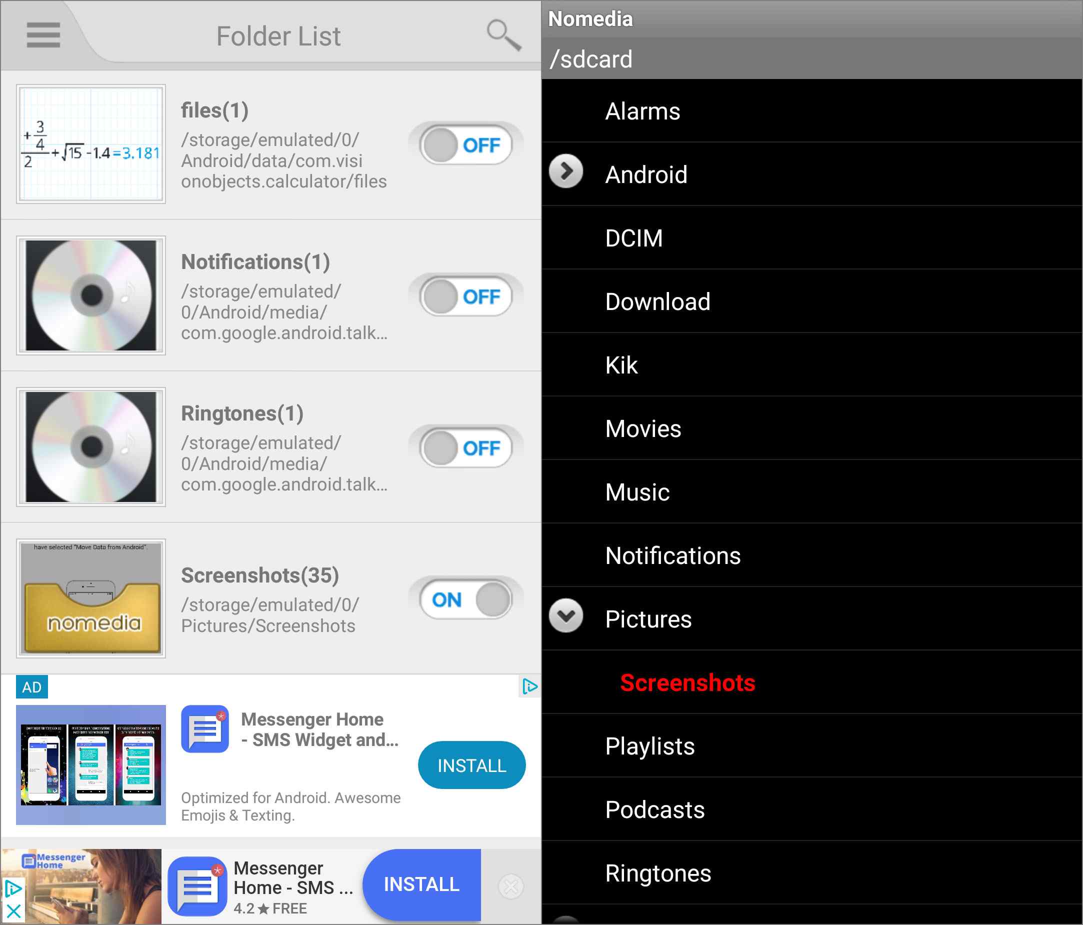 Знімки екрану двох програм управління файлами nomedia