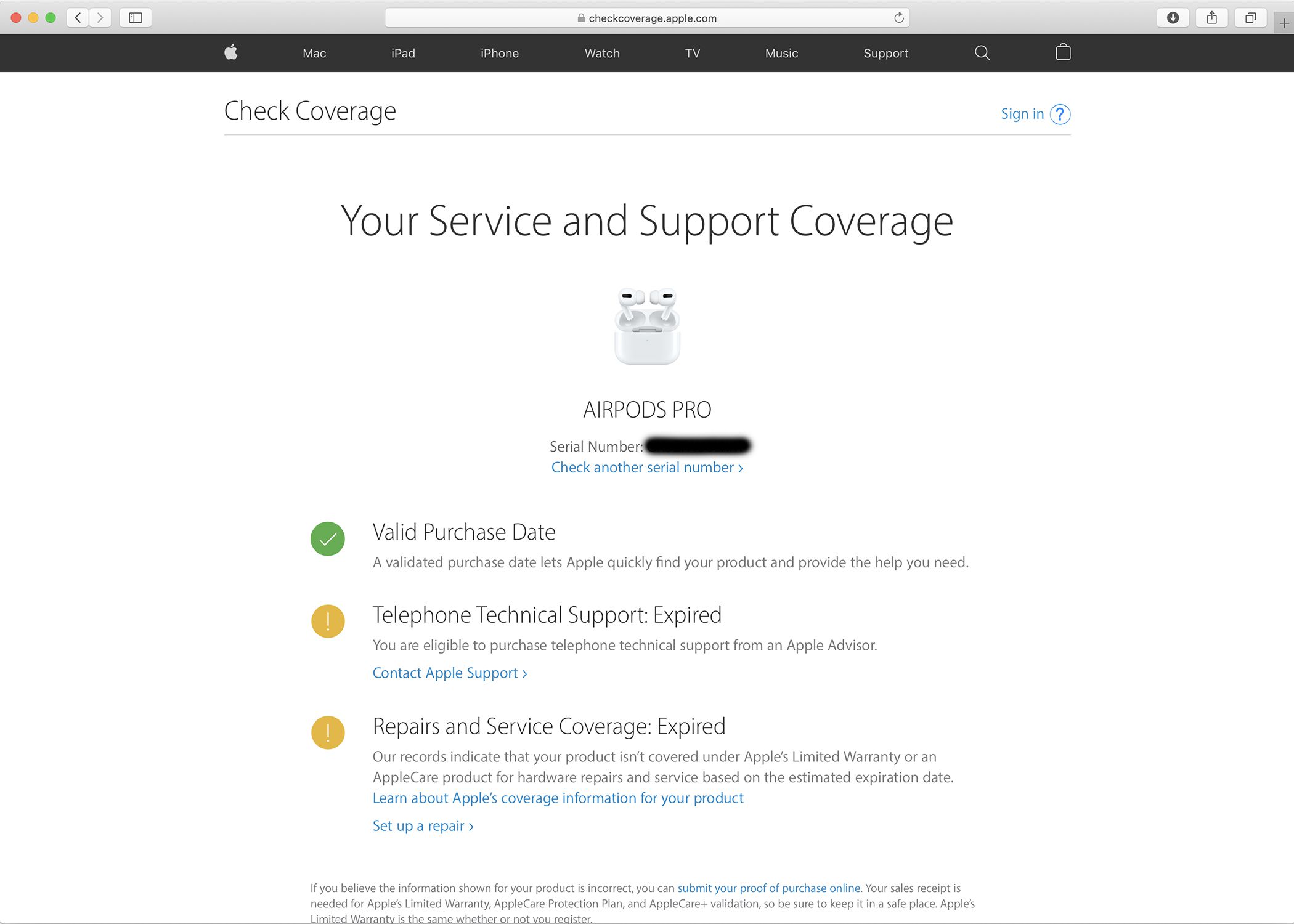 Знімок екрана інструменту веб-сайту щодо гарантійного обслуговування Apple, що відображає дані