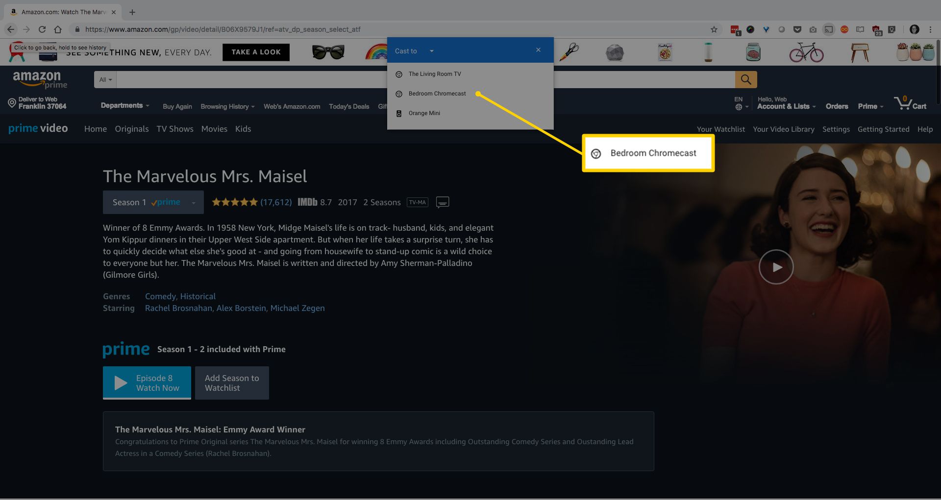 Chrome'daki Menüye Yayınla'daki Yatak Odası Chromecast seçeneğinin ekran görüntüsü