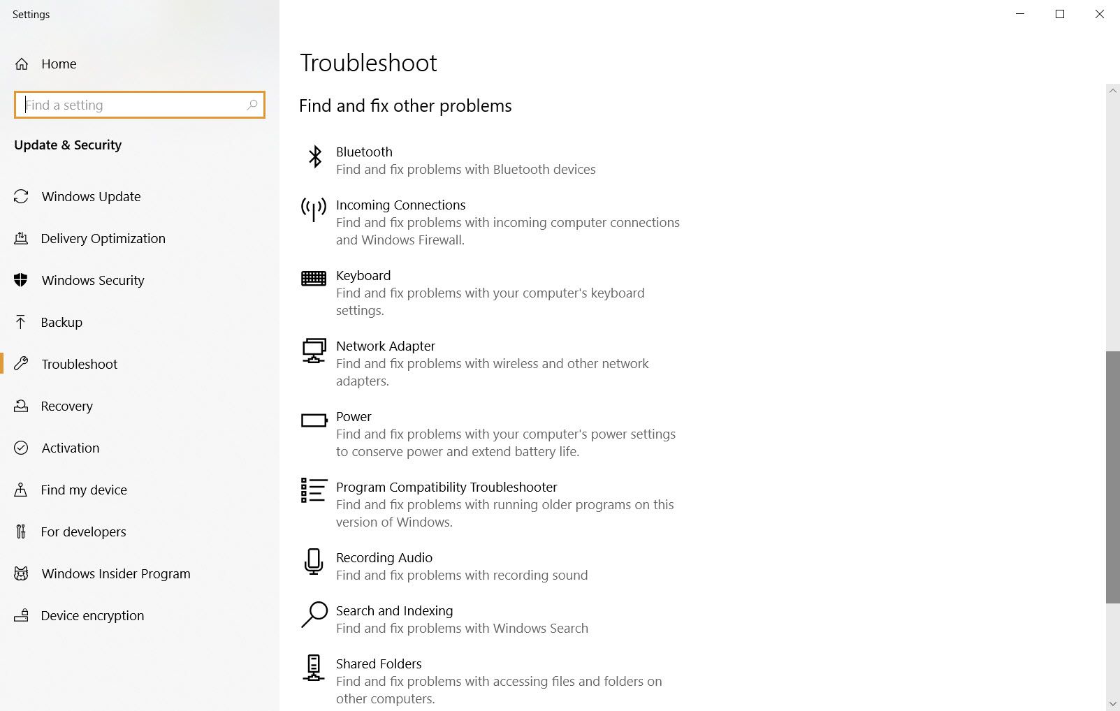 Windows 10'daki Sorun Gidericilerin Listesi