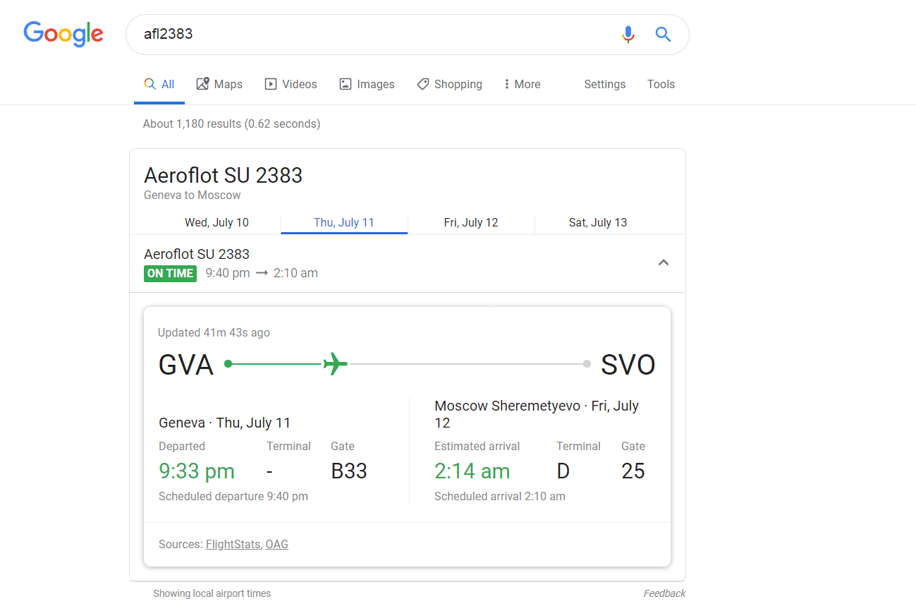 Пошук польоту за допомогою пошуку Google