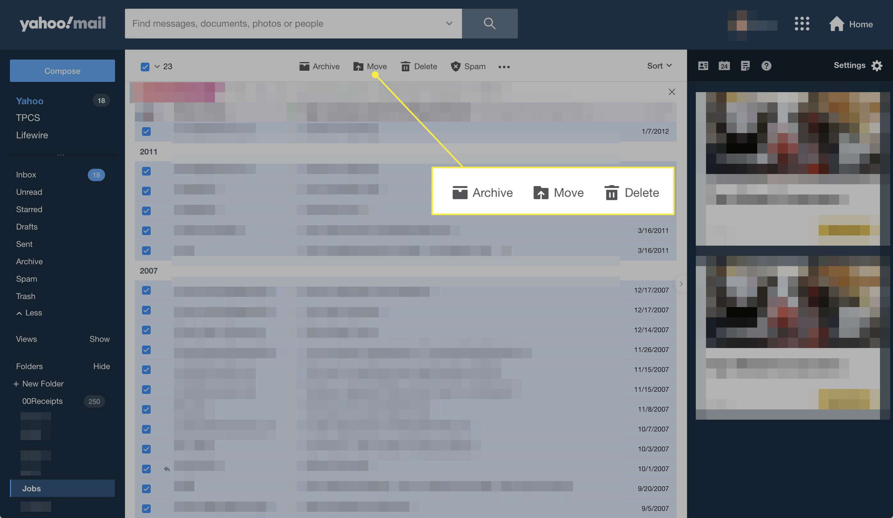 Знімок екрана Yahoo Mail з виділеними кнопками Архів, Переміщення та Видалення