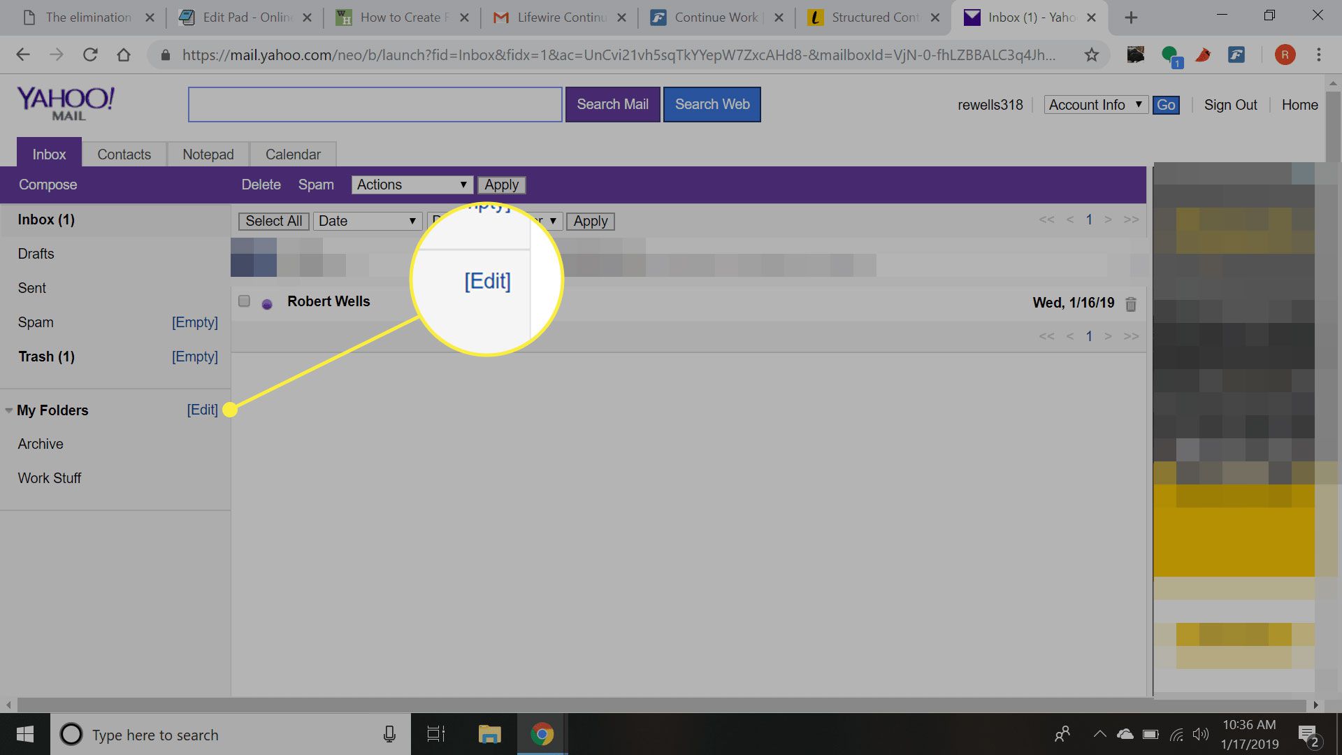Знімок екрана Yahoo Mail Basic із виділеною кнопкою Редагувати