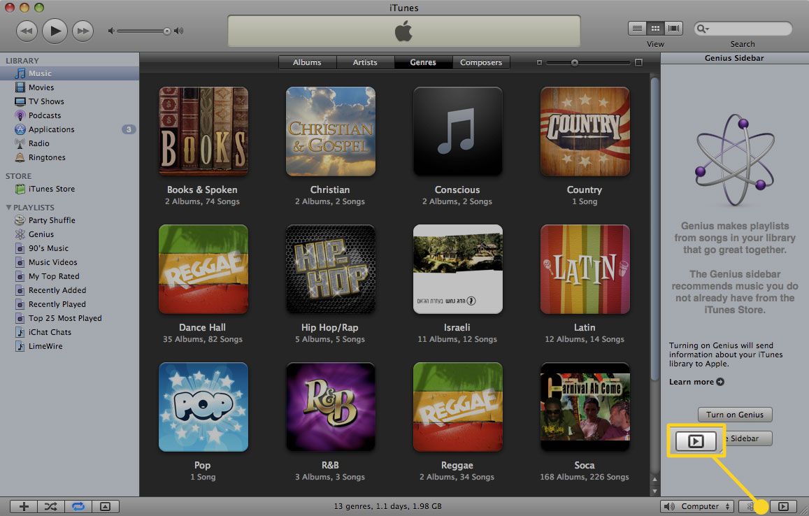 Кнопка Приховати бічну панель в iTunes 11