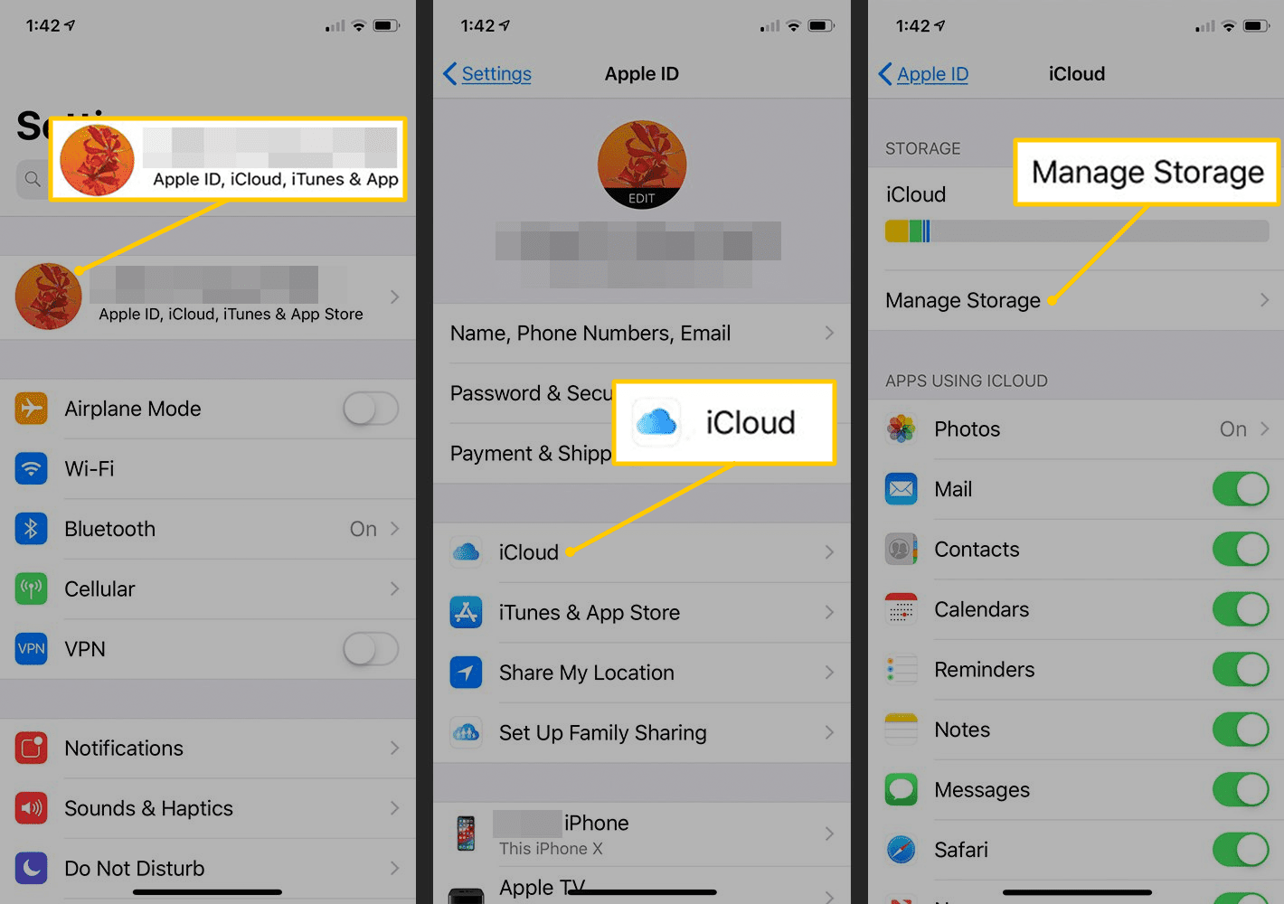 APple Kimliği, iCloud, iOS Ayarlarında Depolamayı Yönet düğmeleri