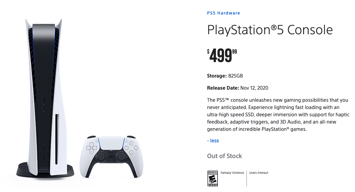 Konsolun stokta olmadığını gösteren PlayStation Direct sitesindeki PS5 mağaza sayfası
