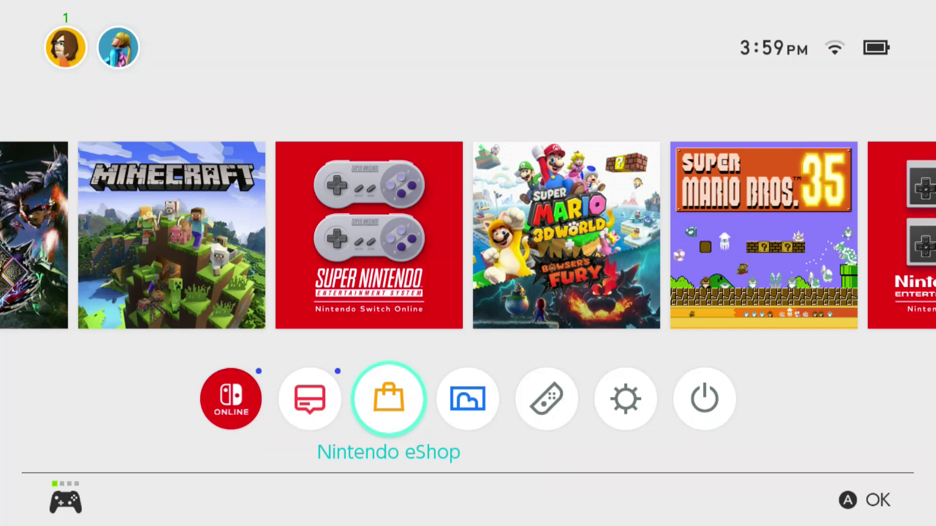 Інтернет-магазин Nintendo виділено на головному екрані Nintendo Switch.
