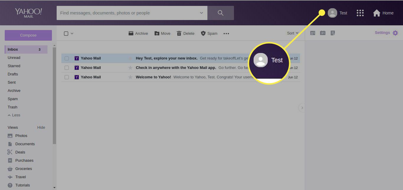 Знімок екрана поштової скриньки Yahoo з виділеним значком профілю