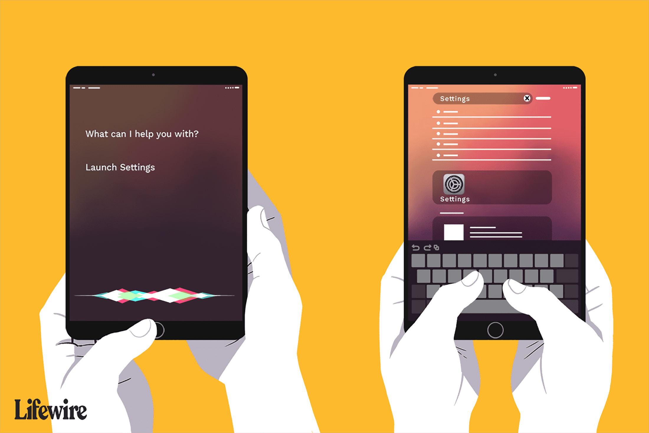 Ілюстрація рук, що тримають два iPad, один з яких просить Siri запустити налаштування, інший набирає в налаштуваннях у рядок пошуку
