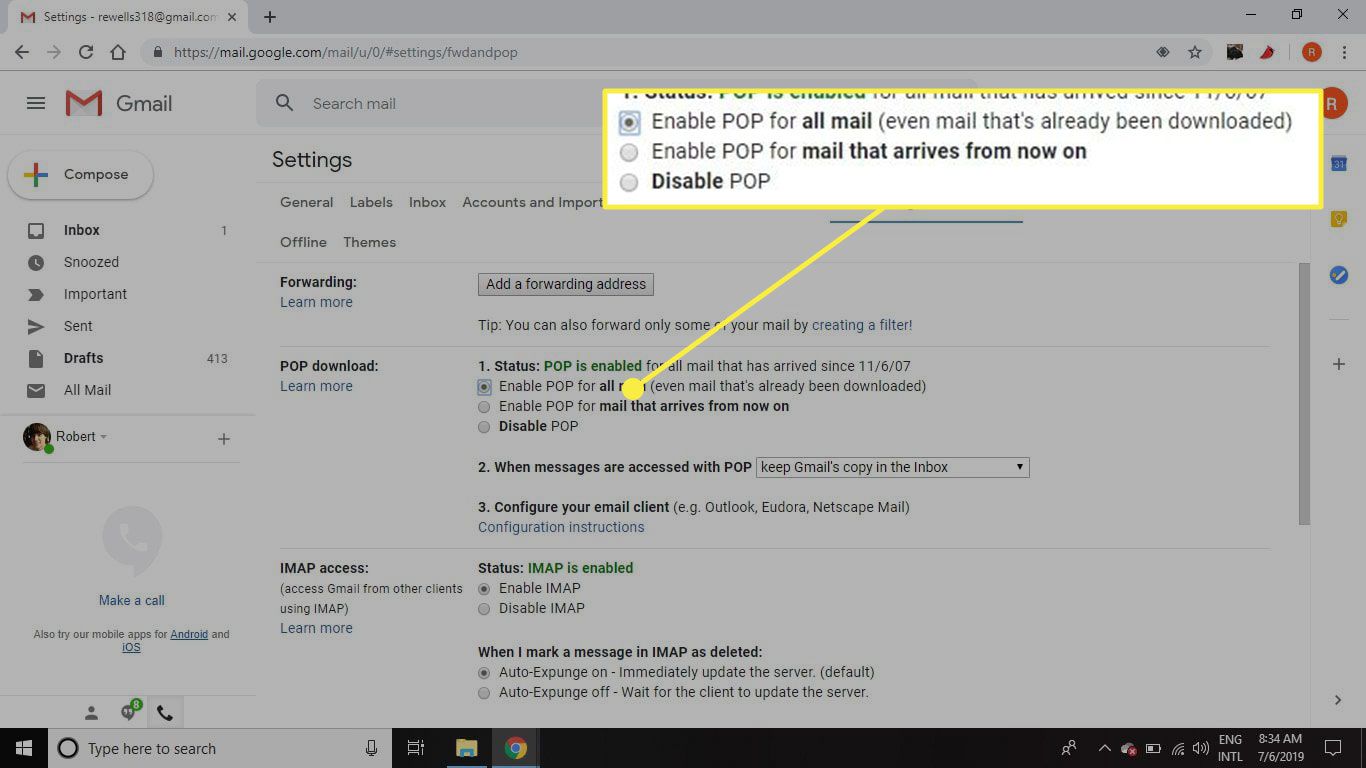 Знімок екрана налаштувань POP Gmail із виділеними опціями завантаження POP