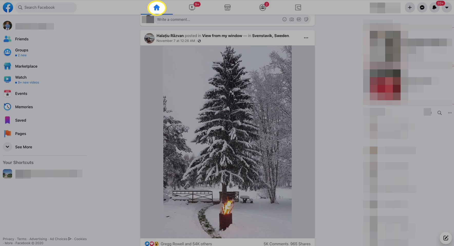 Facebook із виділеною піктограмою Головна