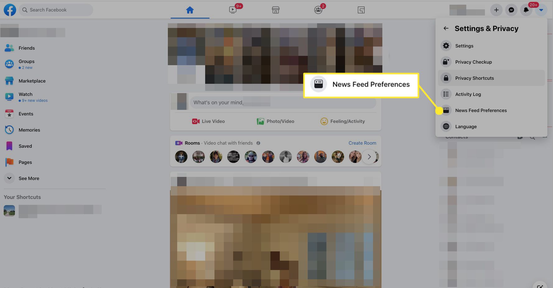 Налаштування Facebook із виділеними налаштуваннями стрічки новин