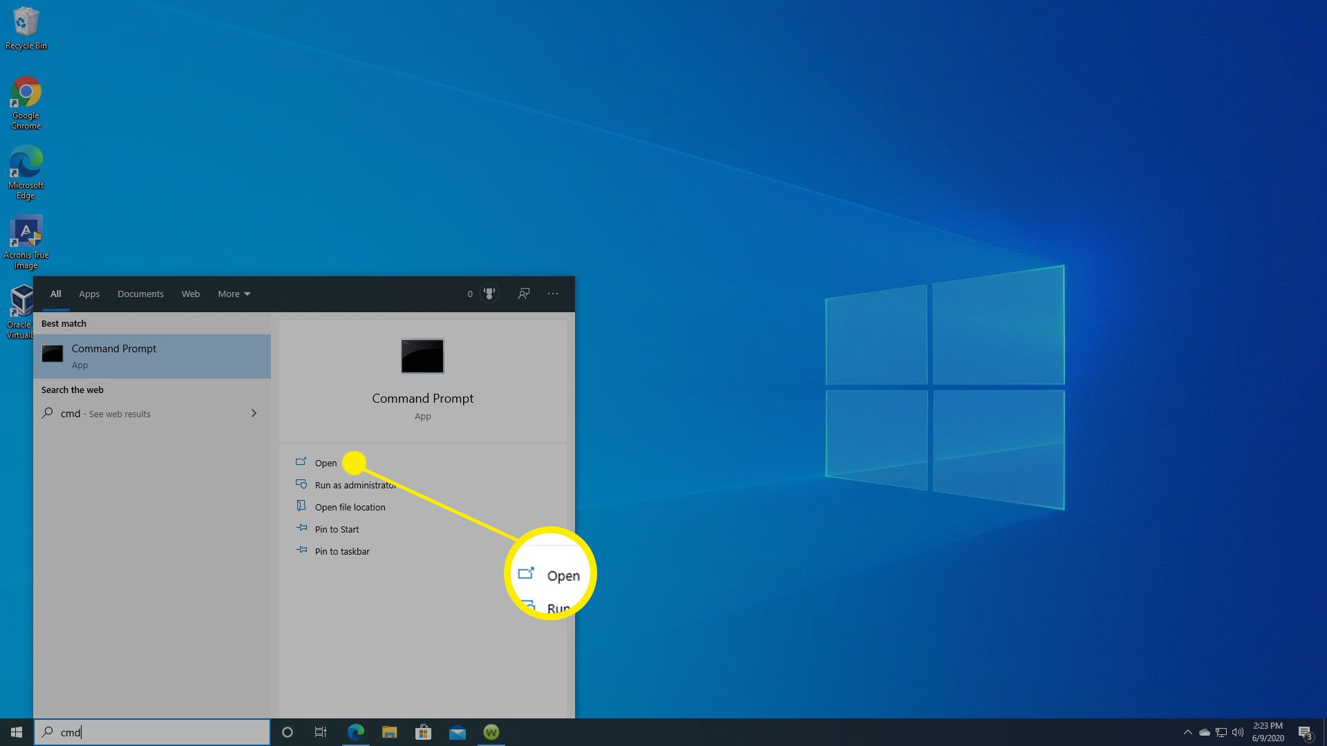 Відкриття командного рядка в Windows 10.