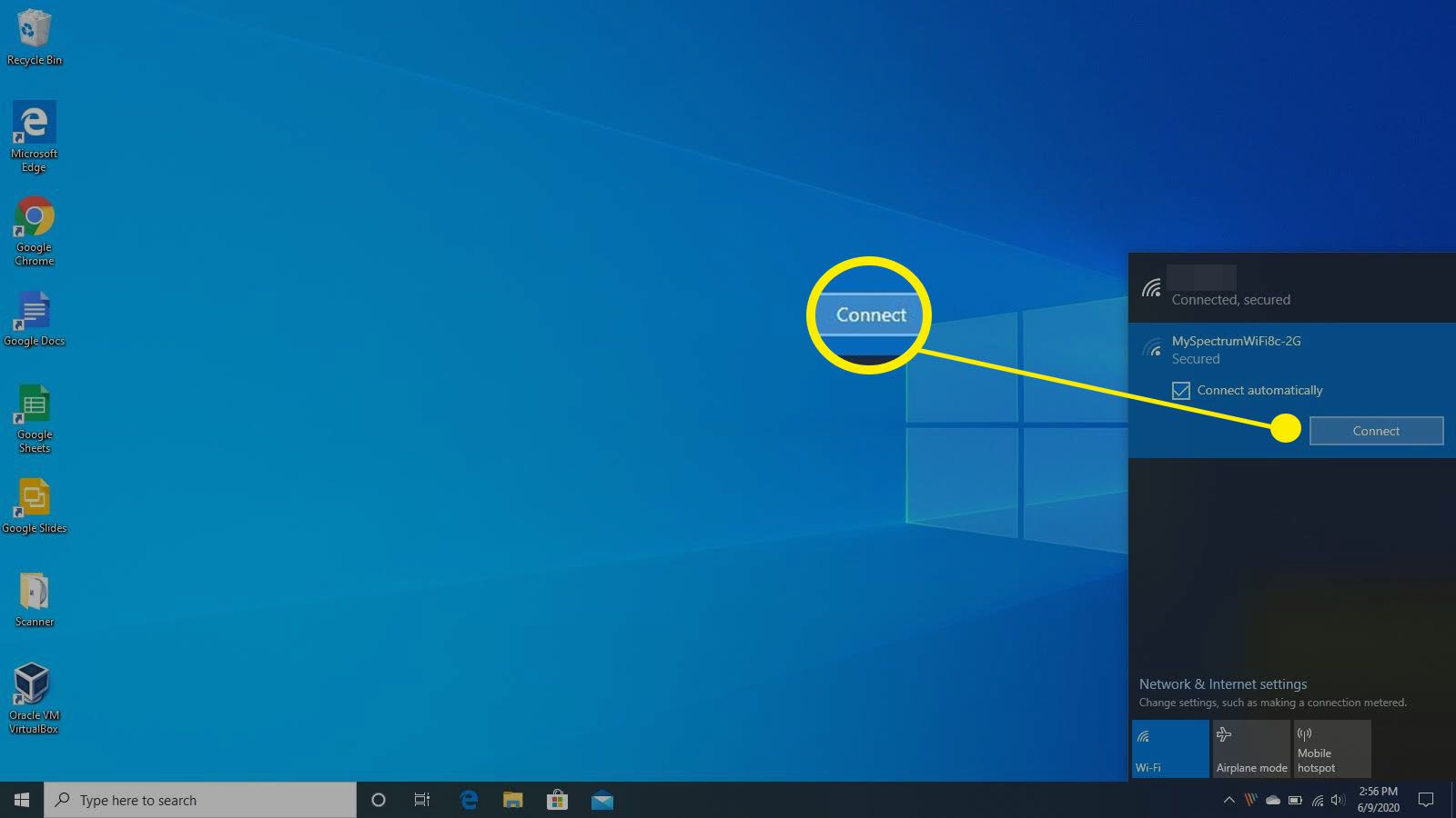 Знімок екрана підключення до бездротової мережі в Windows