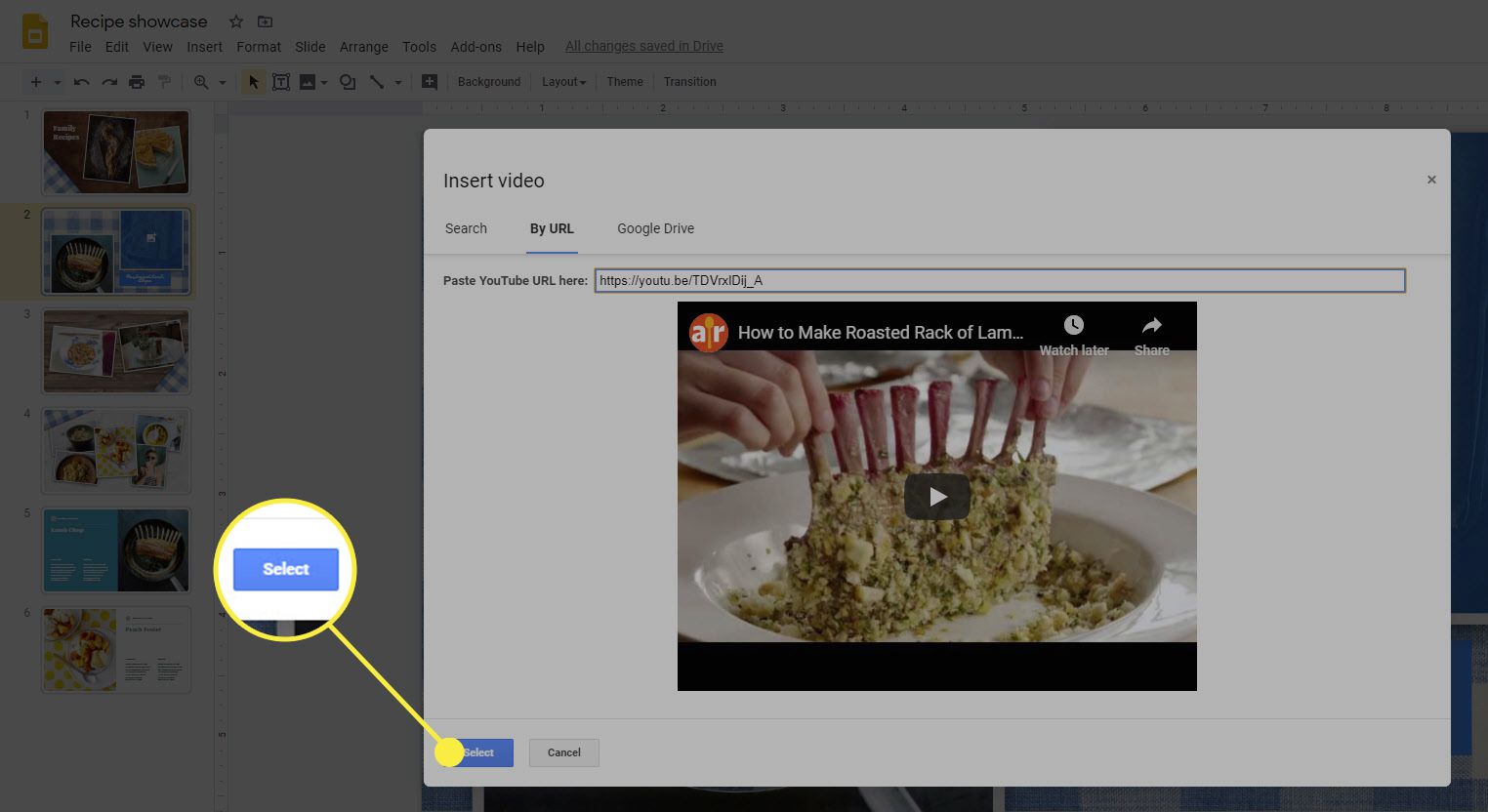 Параметр «Вибрати» під час вставки відео до Google Slides.