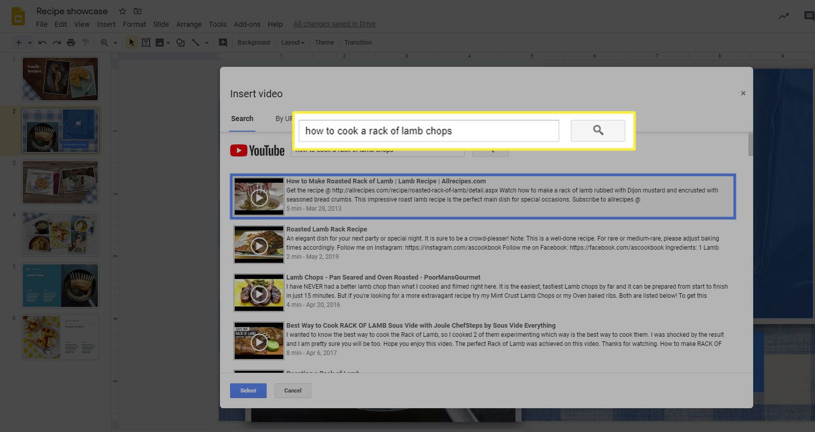 Вікно пошуку YouTube під час додавання відео до Google Презентацій.