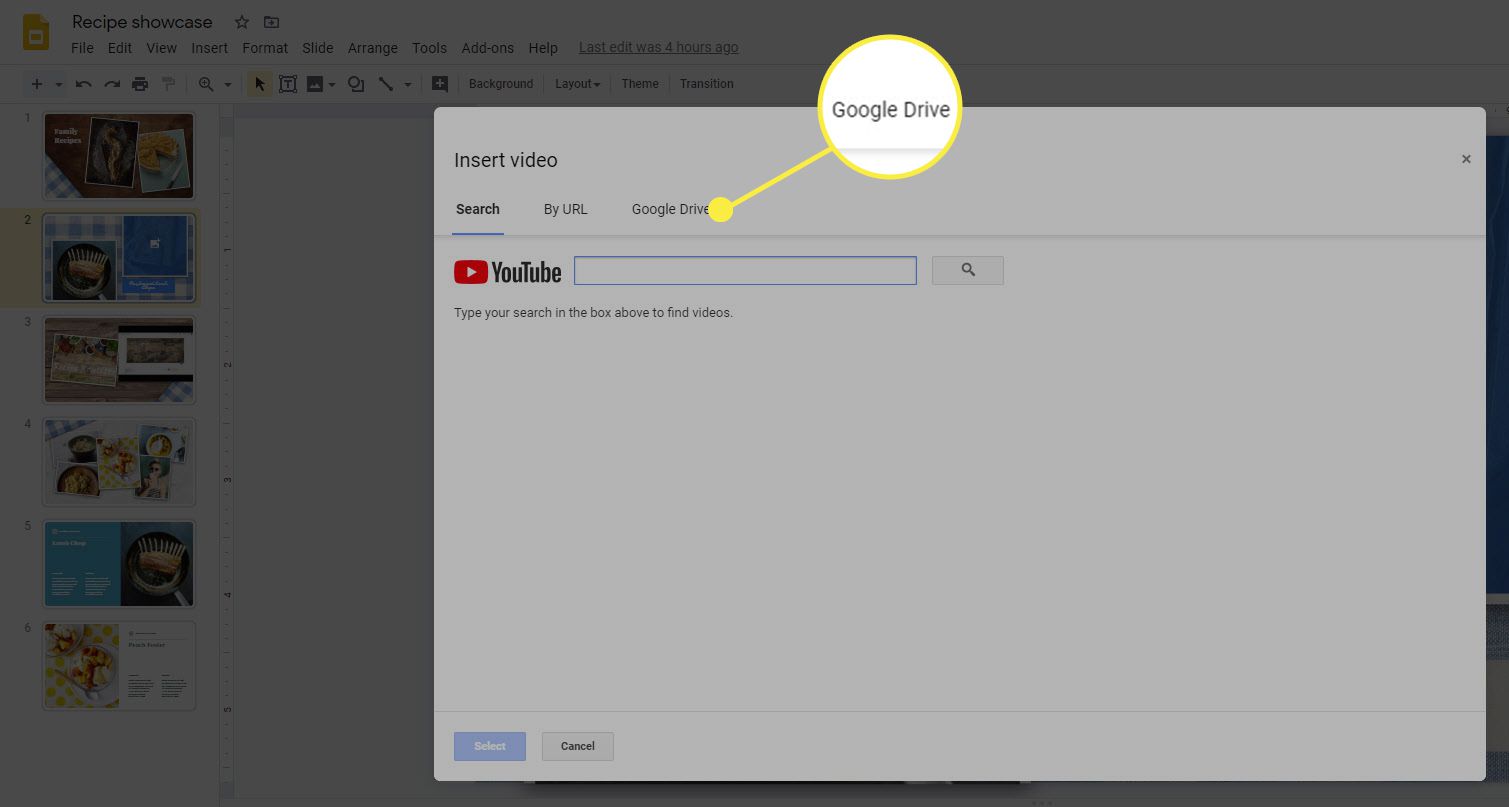 Опція Google Drive для вставки відео в Google Презентації.