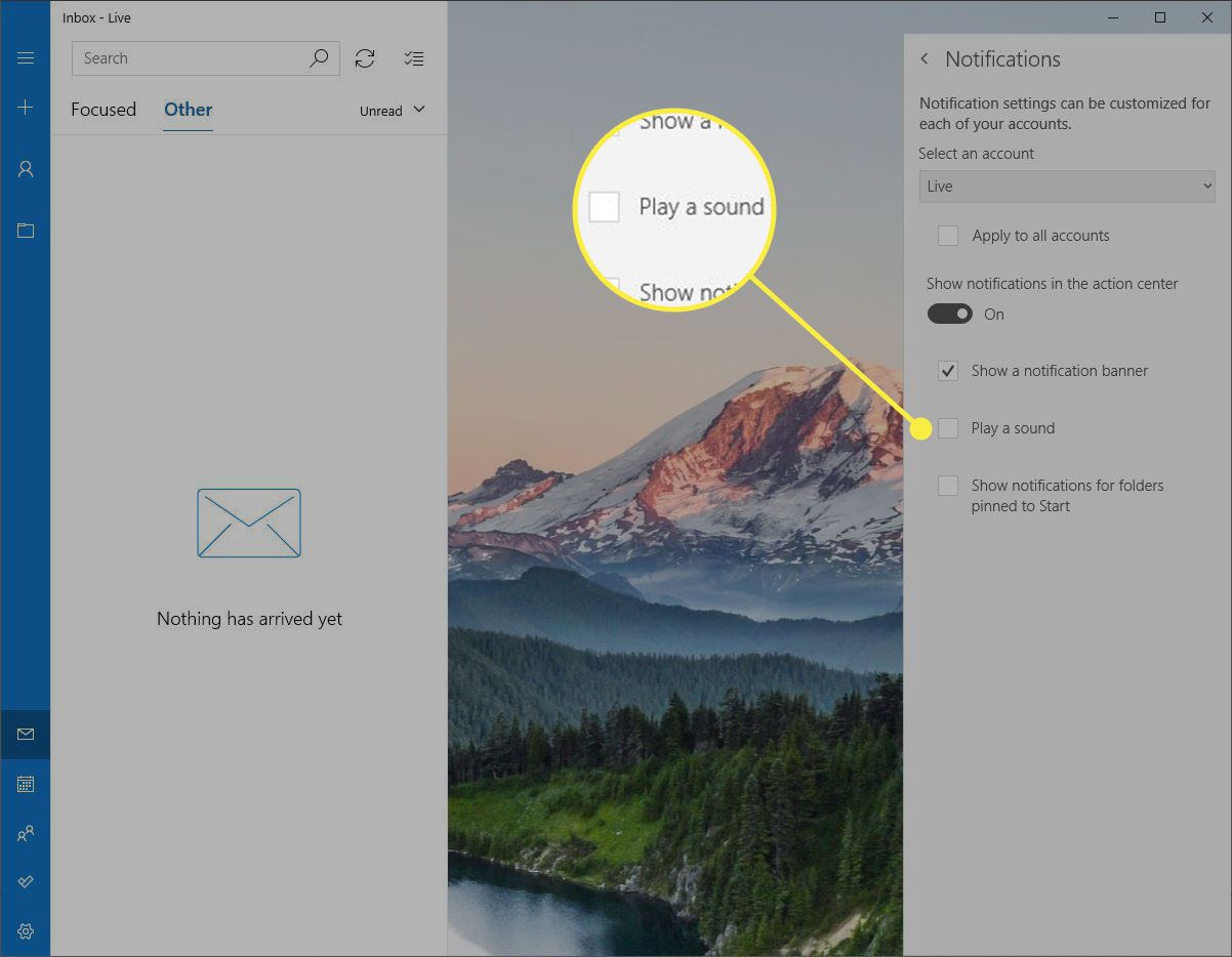 Параметр "Відтворити звук" у налаштуваннях сповіщень Windows Mail
