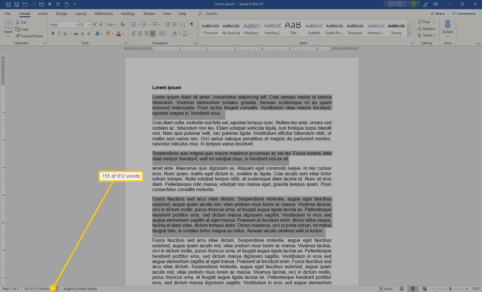 Документ у програмі Word із виділеною кількістю слів виділеного тексту