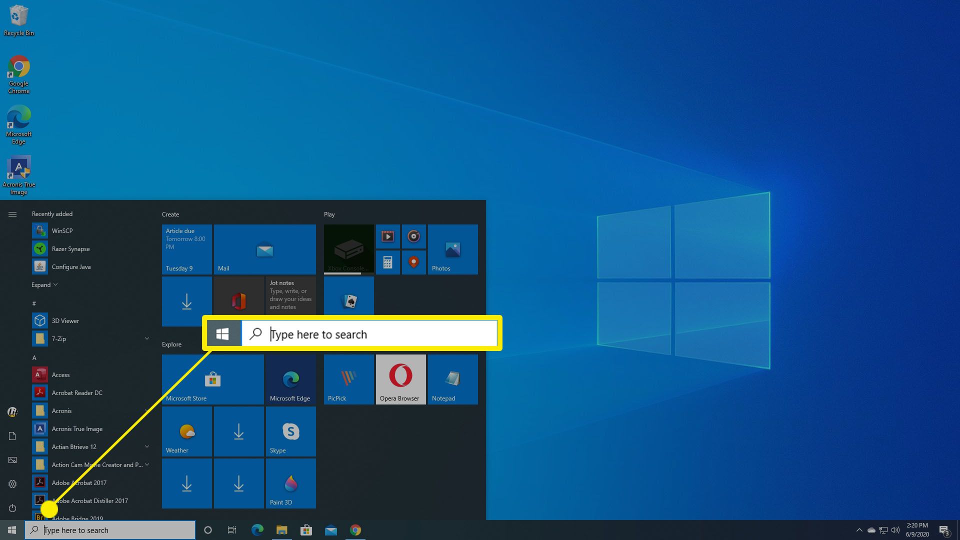 Вибір вікна пошуку в Windows 10.
