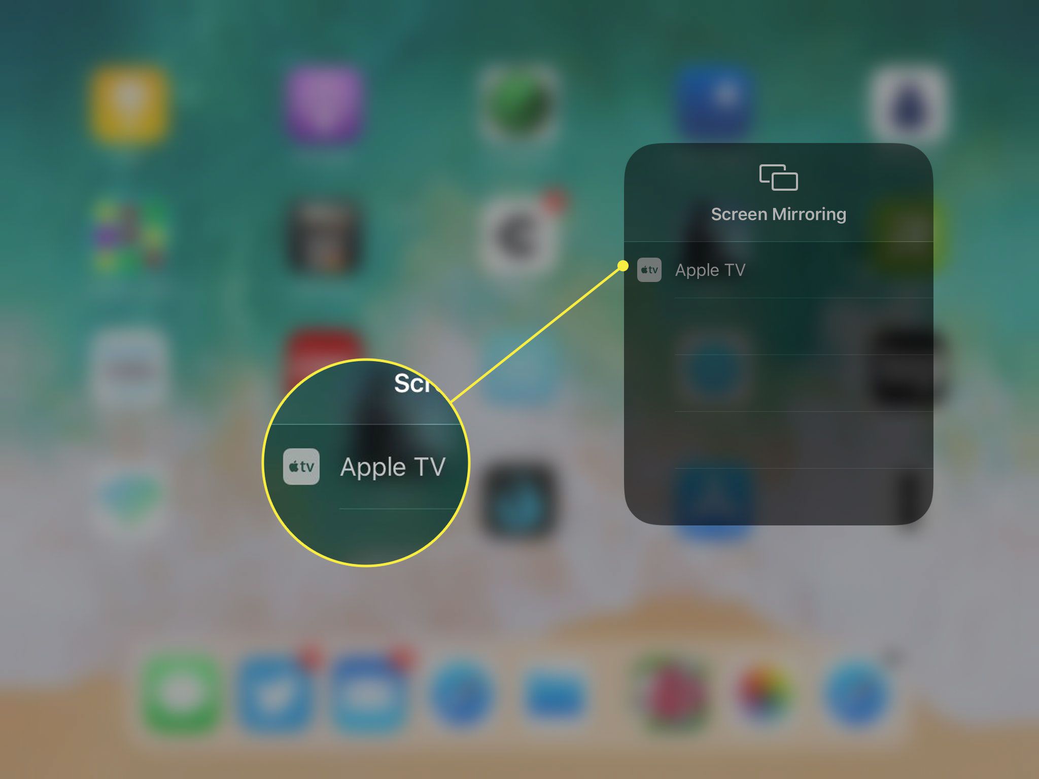 Знімок екрана меню iPad Screen Mirroring з виділеною опцією Apple TV
