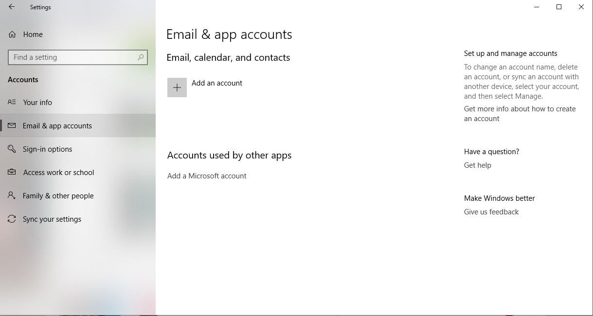 Знімок екрана налаштувань облікових записів електронної пошти та додатків Windows 10