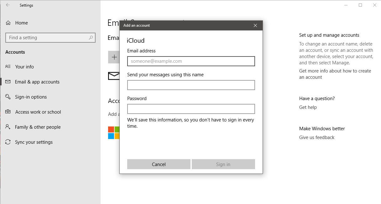Знімок екрана користувача, який додає свій обліковий запис iCloud до Windows 10