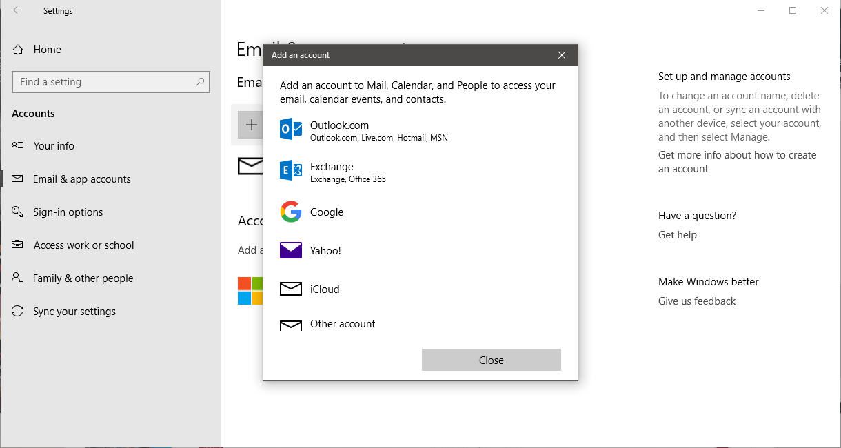 Знімок екрана діалогового вікна Додати обліковий запис Windows 10