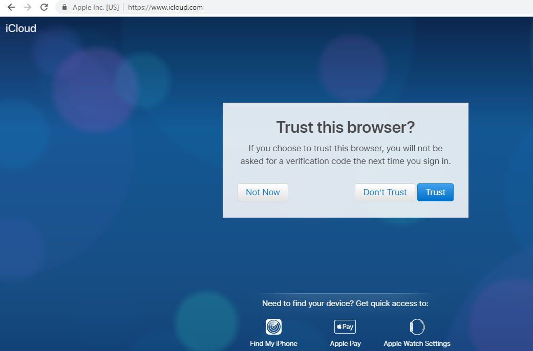 Знімок екрана питання довіри до браузера iCloud у браузері Google Chrome