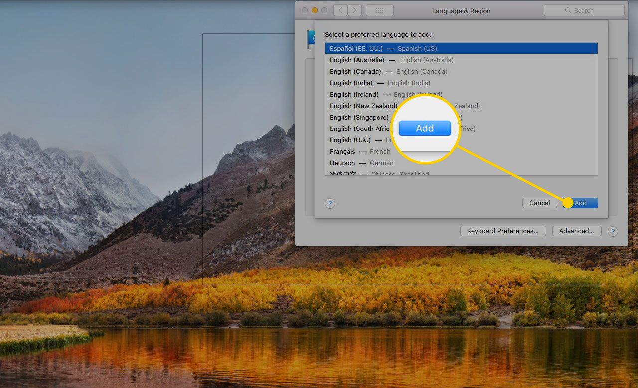 Екран Мови в Системних налаштуваннях macOS із виділеною кнопкою Додати