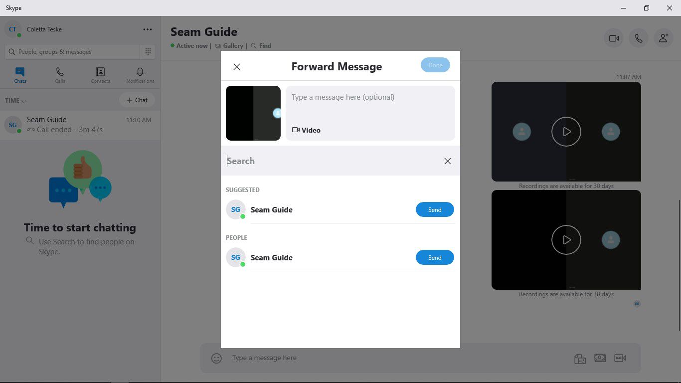 Знімок екрана вікна переадресації повідомлень у Skype, де показано, де вибрати людей, з якими поділитися записаним дзвінком Skype