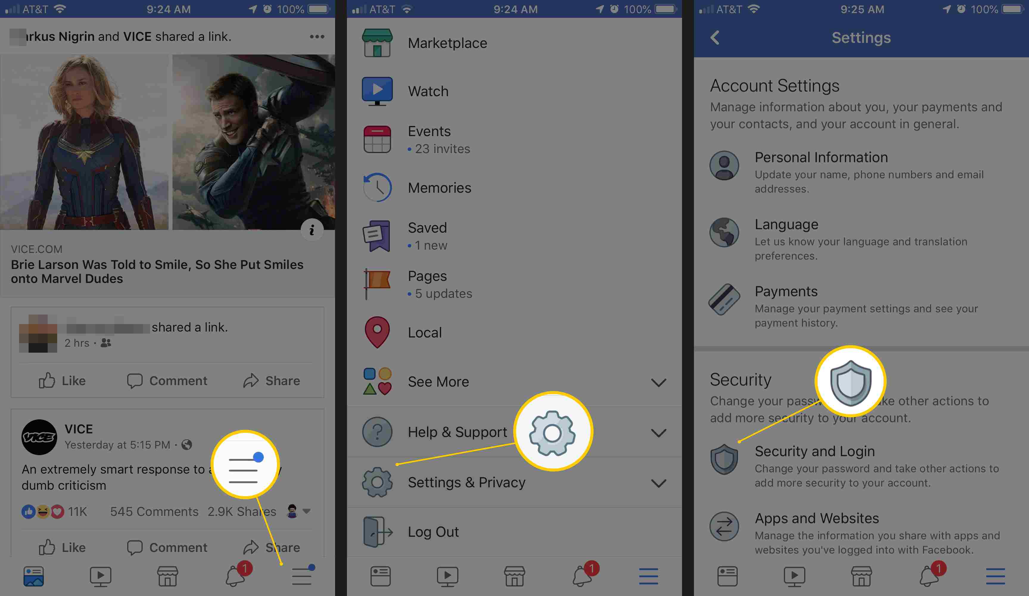 Три екрани iOS, що відображають меню програми Facebook, налаштування та конфіденційність, а також безпеку та вхід
