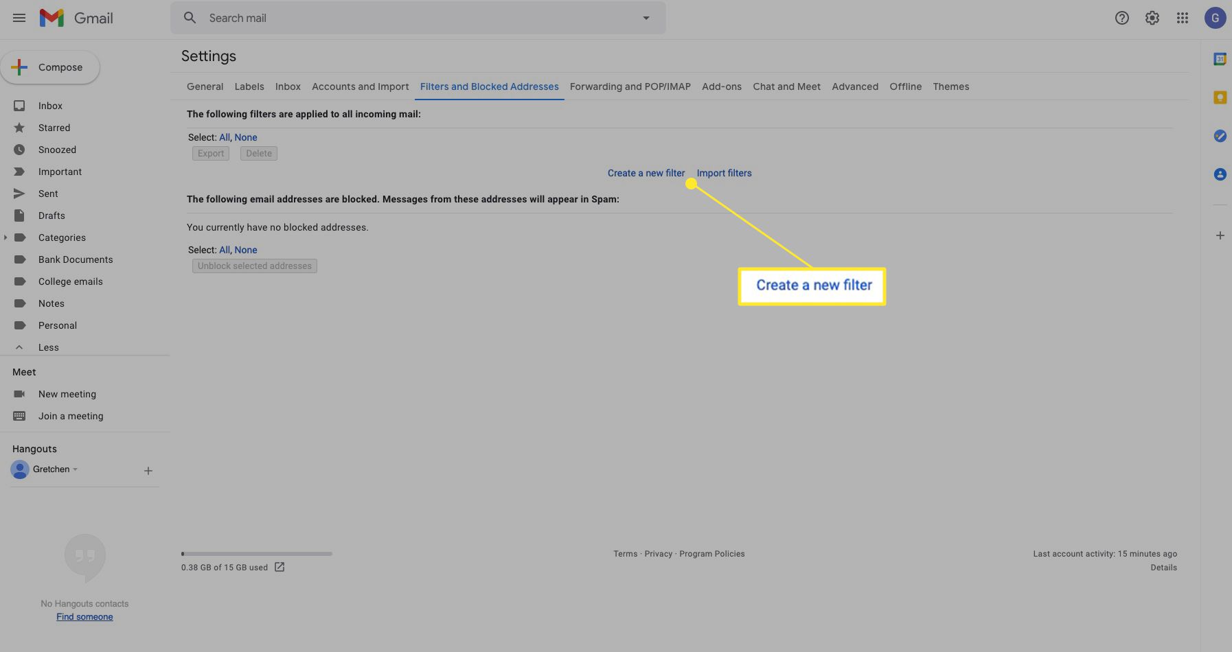 Налаштування Gmail із виділеним "Створити новий фільтр"