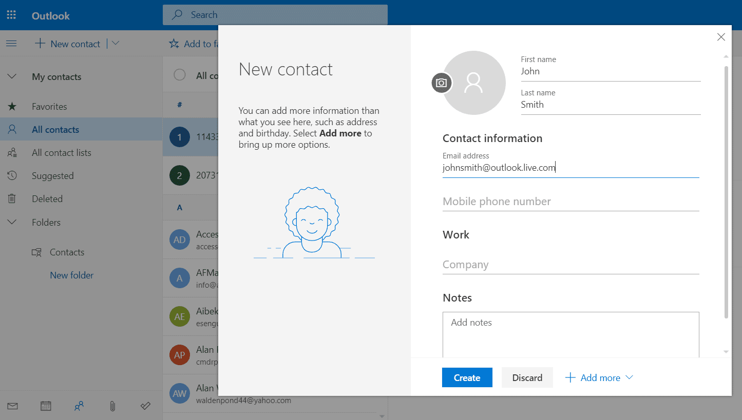 Знімок екрана додавання контакту в Outlook Online