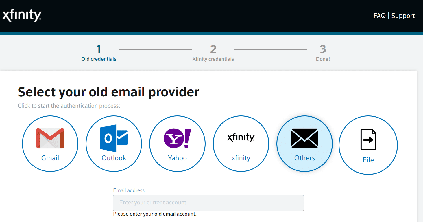 Знімок екрана функції імпорту контактів у електронній пошті Xfinity