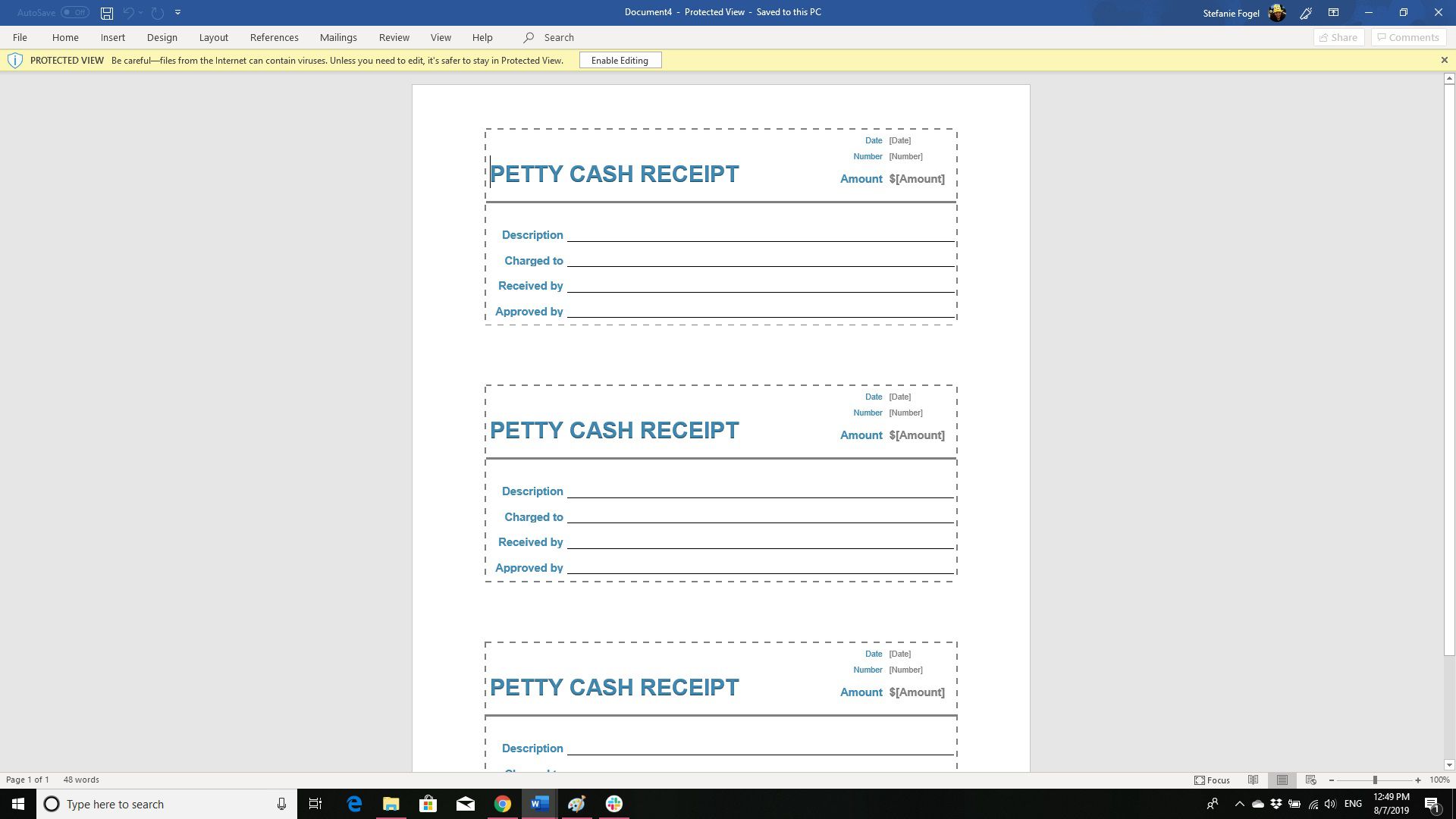 Знімок екрана шаблону квитанції про дрібні готівкові гроші в Word