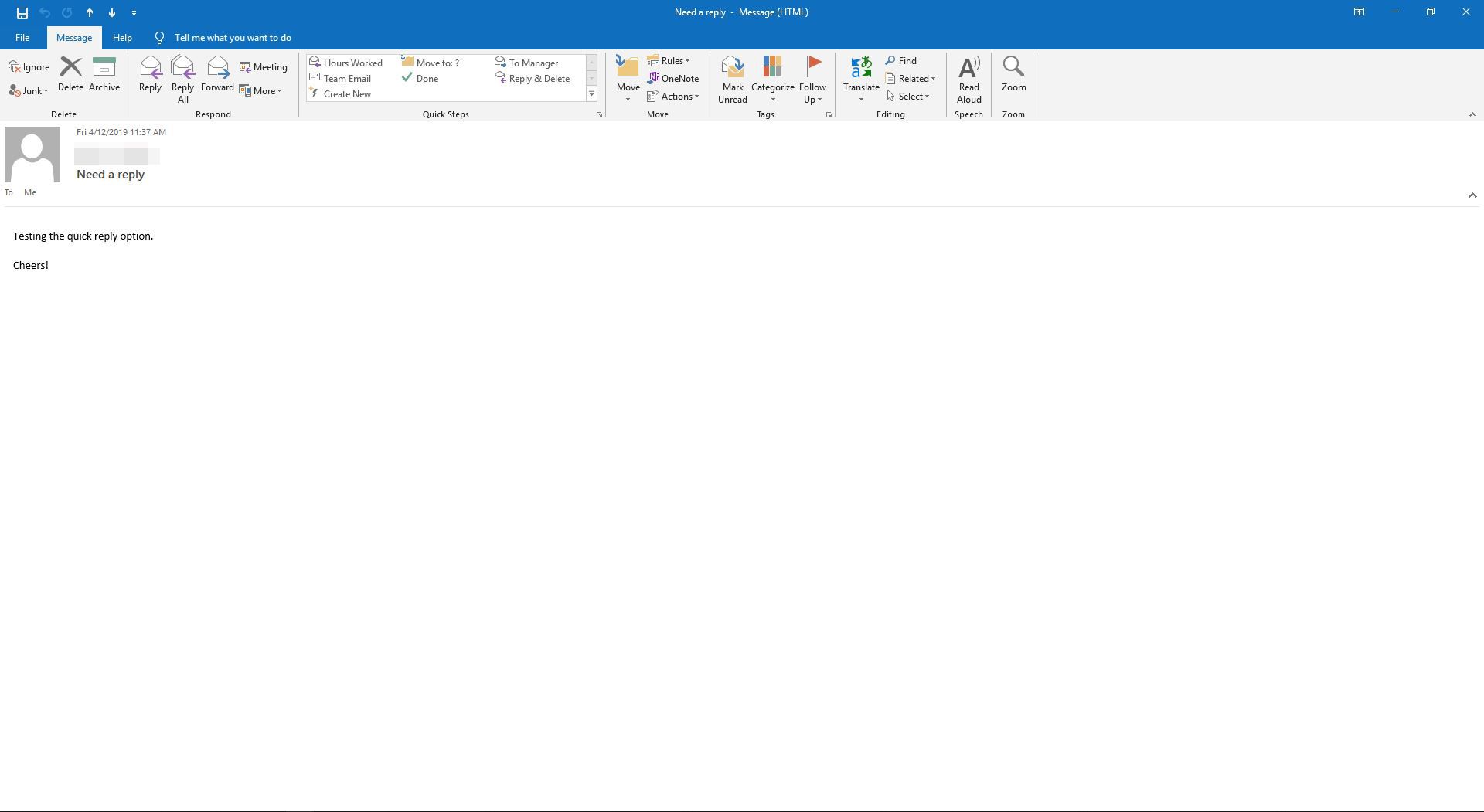 Відкритий електронний лист у програмі Outlook.