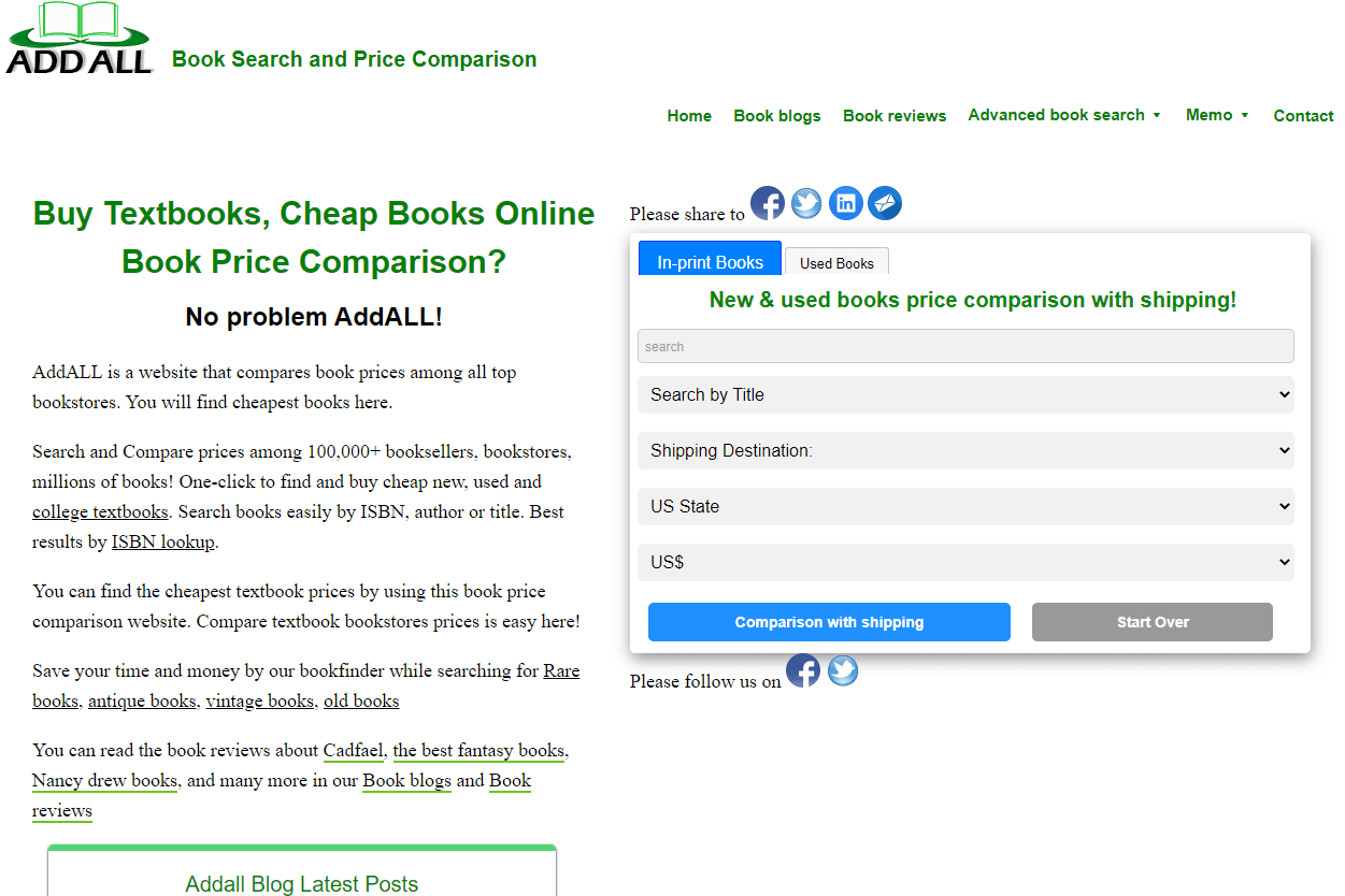 Знімок екрана сайту пошуку книг AddALL