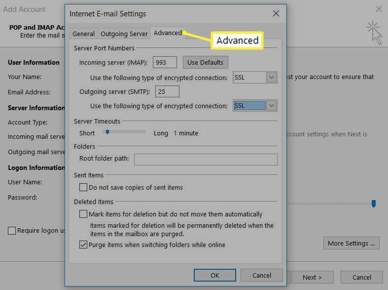 Розширені налаштування IMAP Outlook