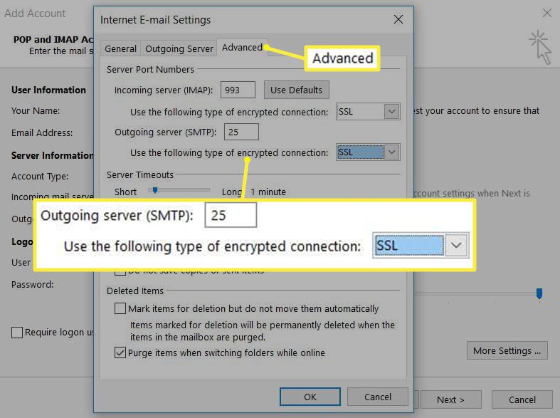 Розширені налаштування IMAP Outlook