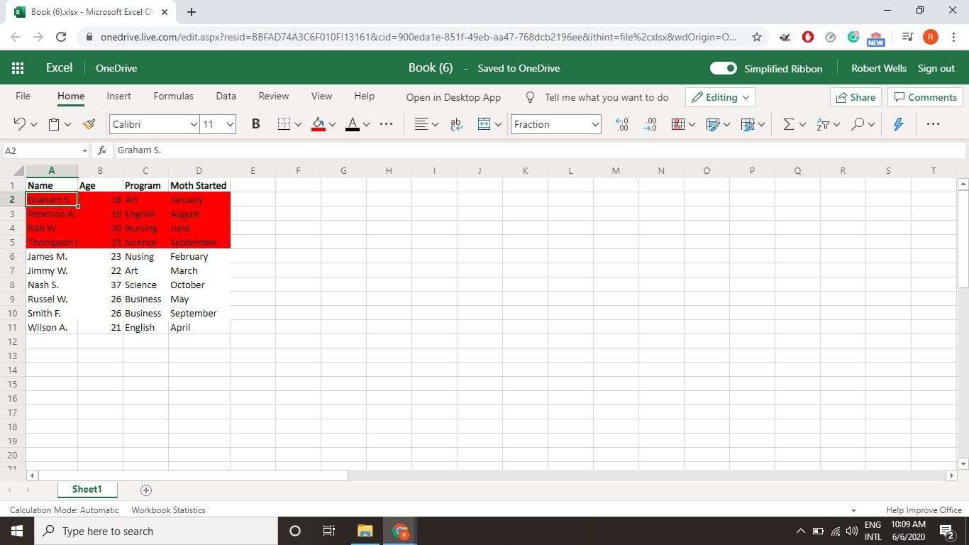 Чотири записи з червоним фоном згруповані у верхній частині діапазону даних у Excel