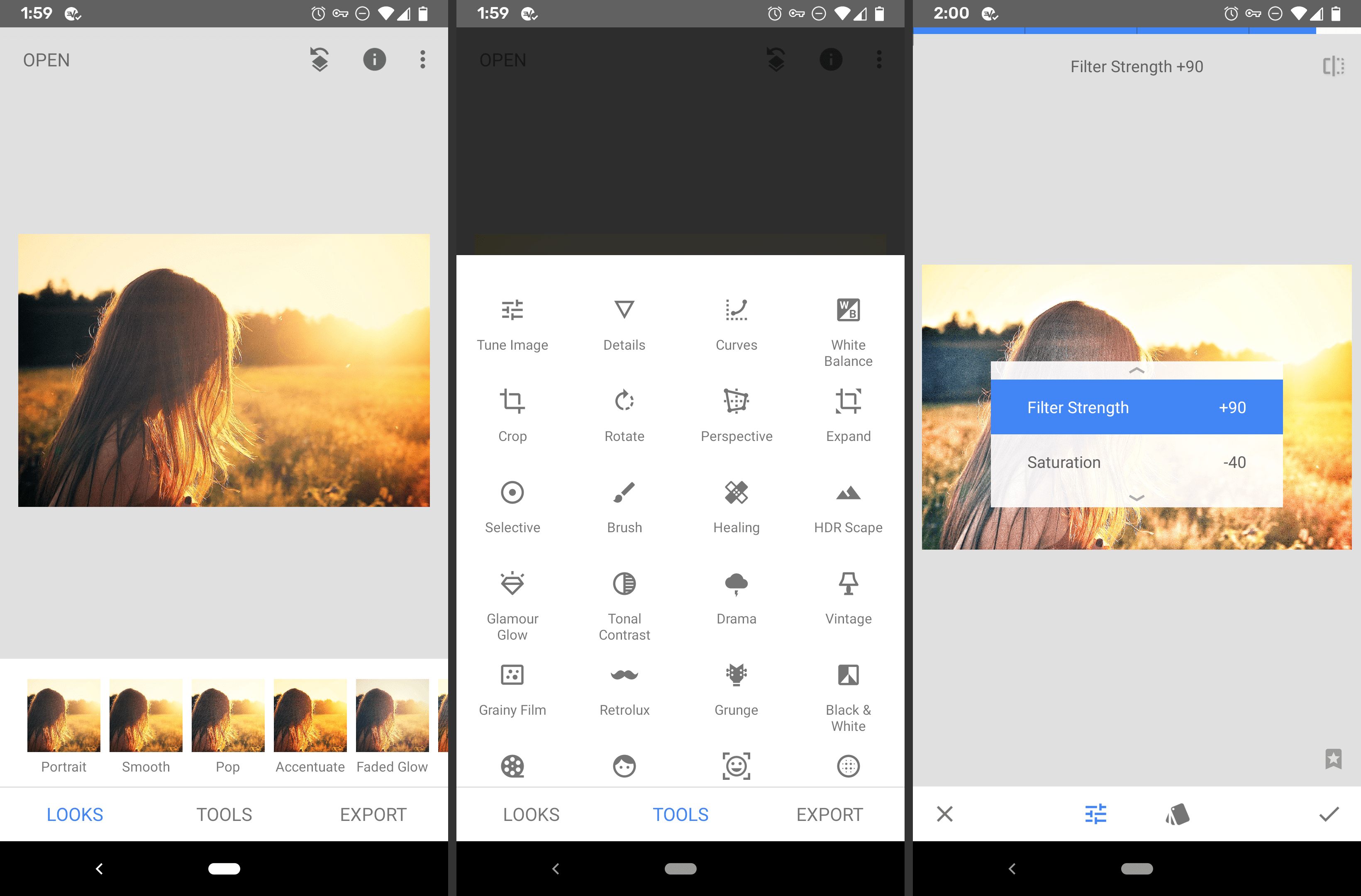 Знімок екрана програми редактора зображень Snapseed для Android