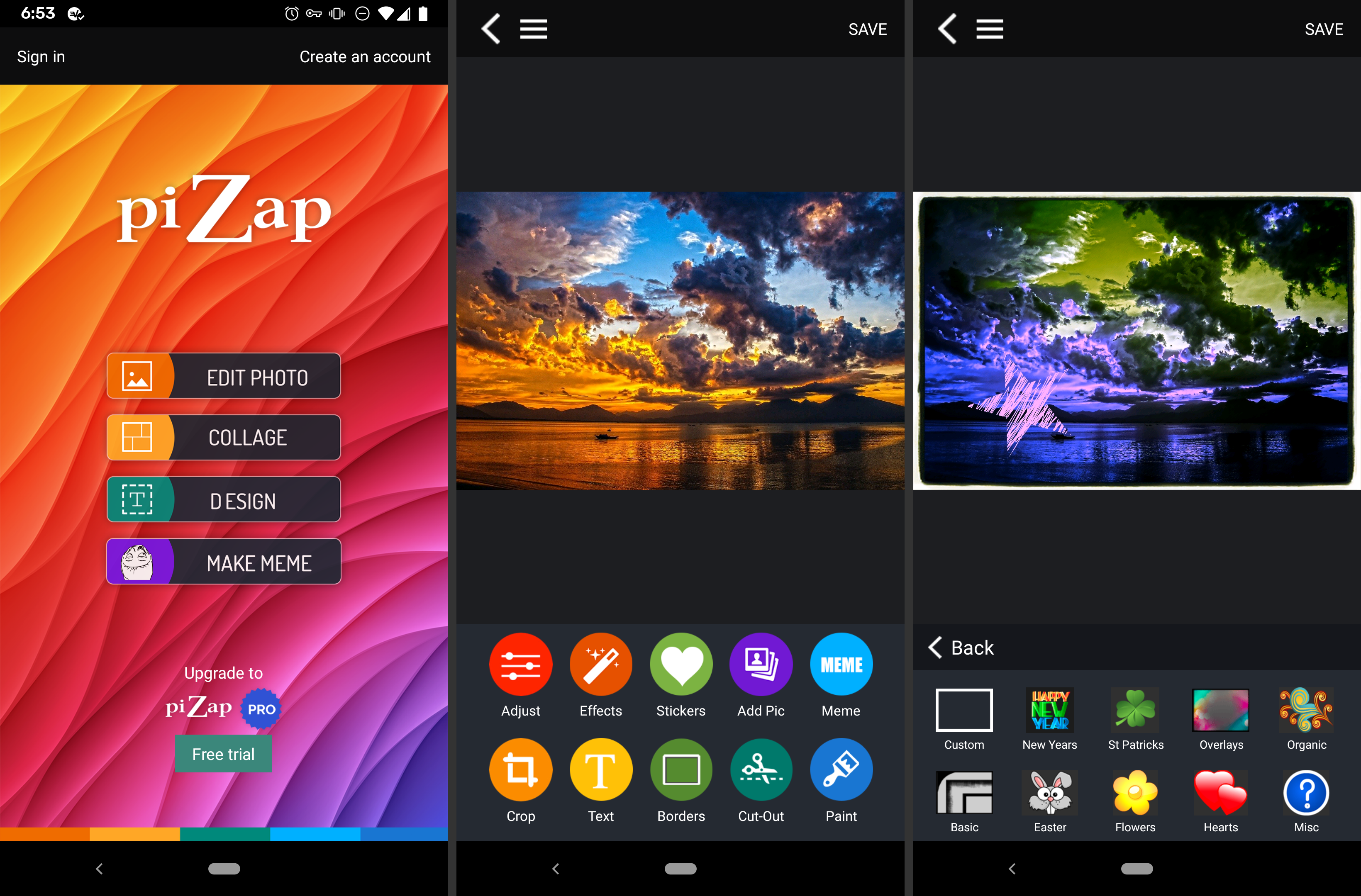 Знімки екрану програми для безкоштовного редактора зображень PiZap на Android