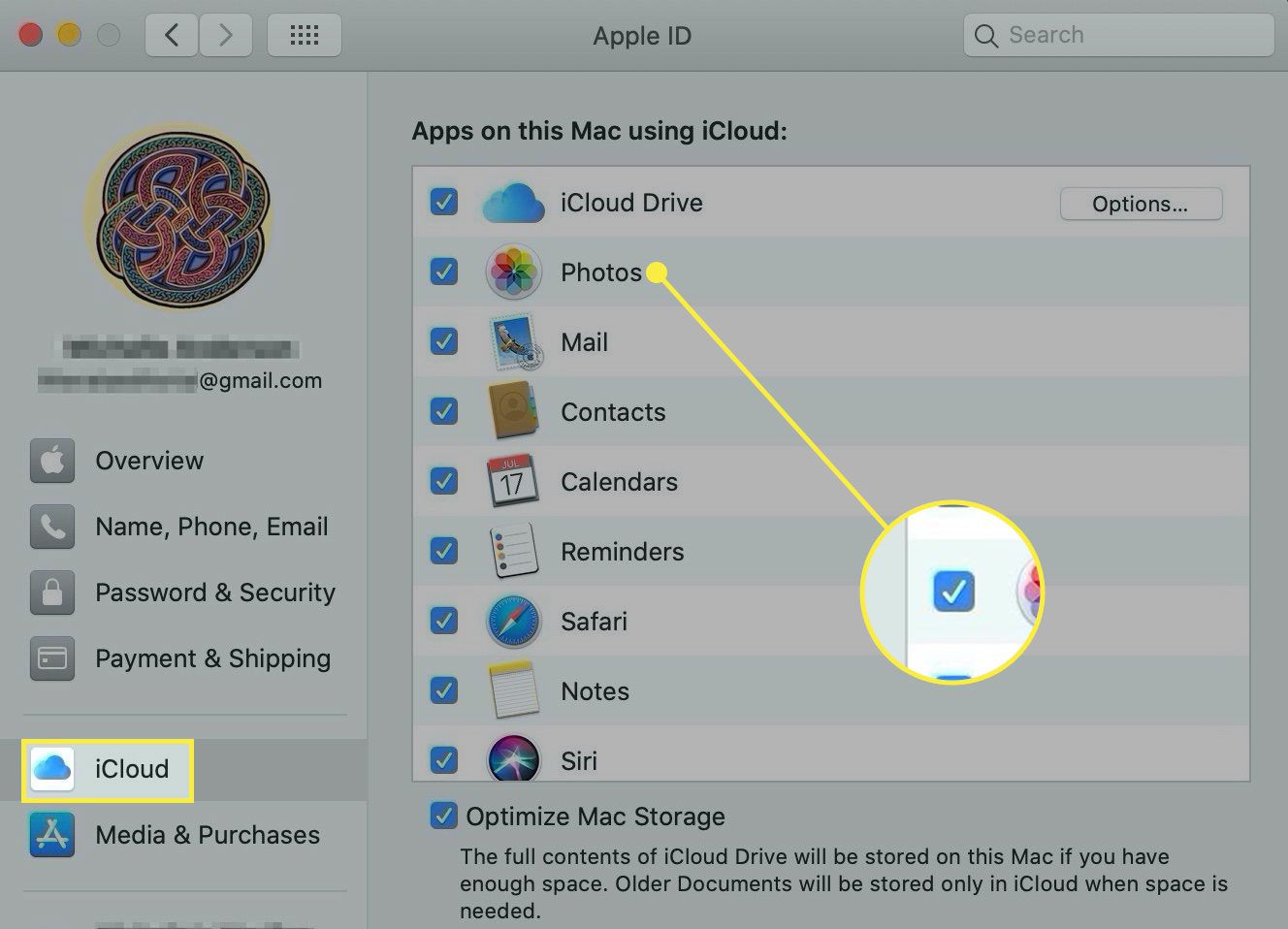 Налаштування Apple ID у macOS із виділеним заголовком iCloud та Фото