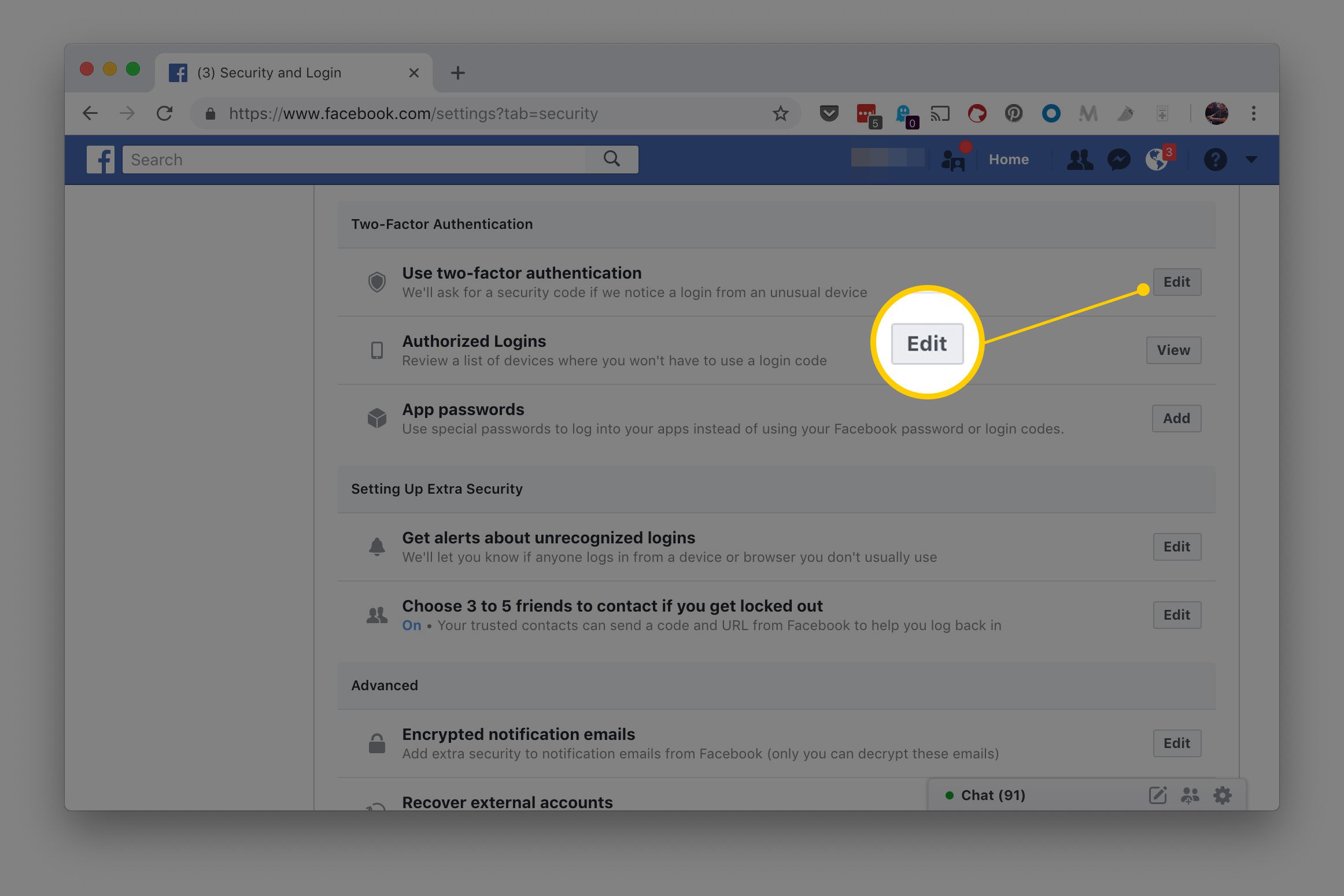 Кнопка редагування для "Використовуйте двофакторну автентифікацію" розділ на сторінці безпеки та входу Facebook