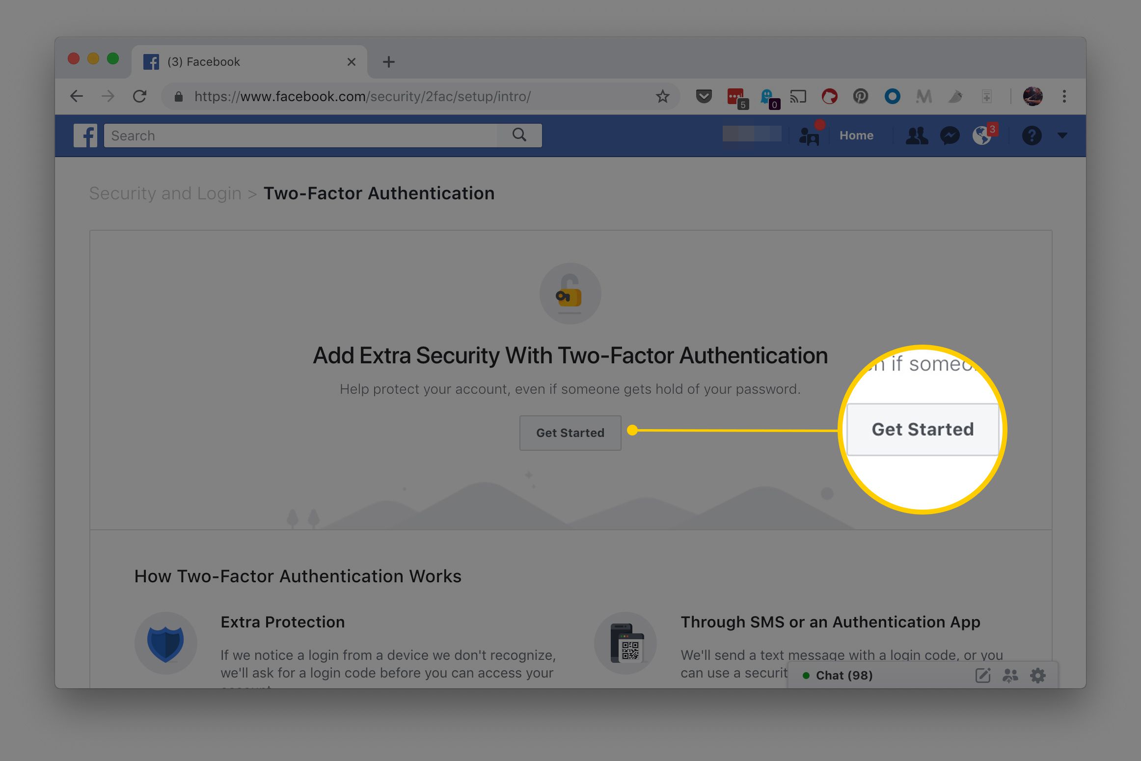 Кнопка «Почати» виділена на сторінці двофакторної автентифікації Facebook