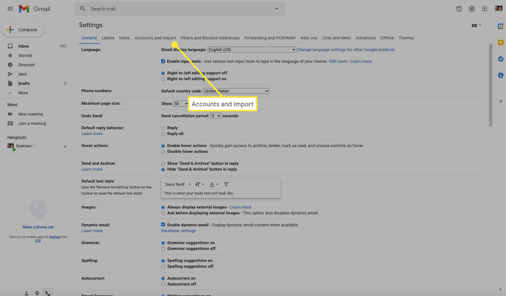 Налаштування Gmail із виділеними вкладками Облікові записи та Імпорт
