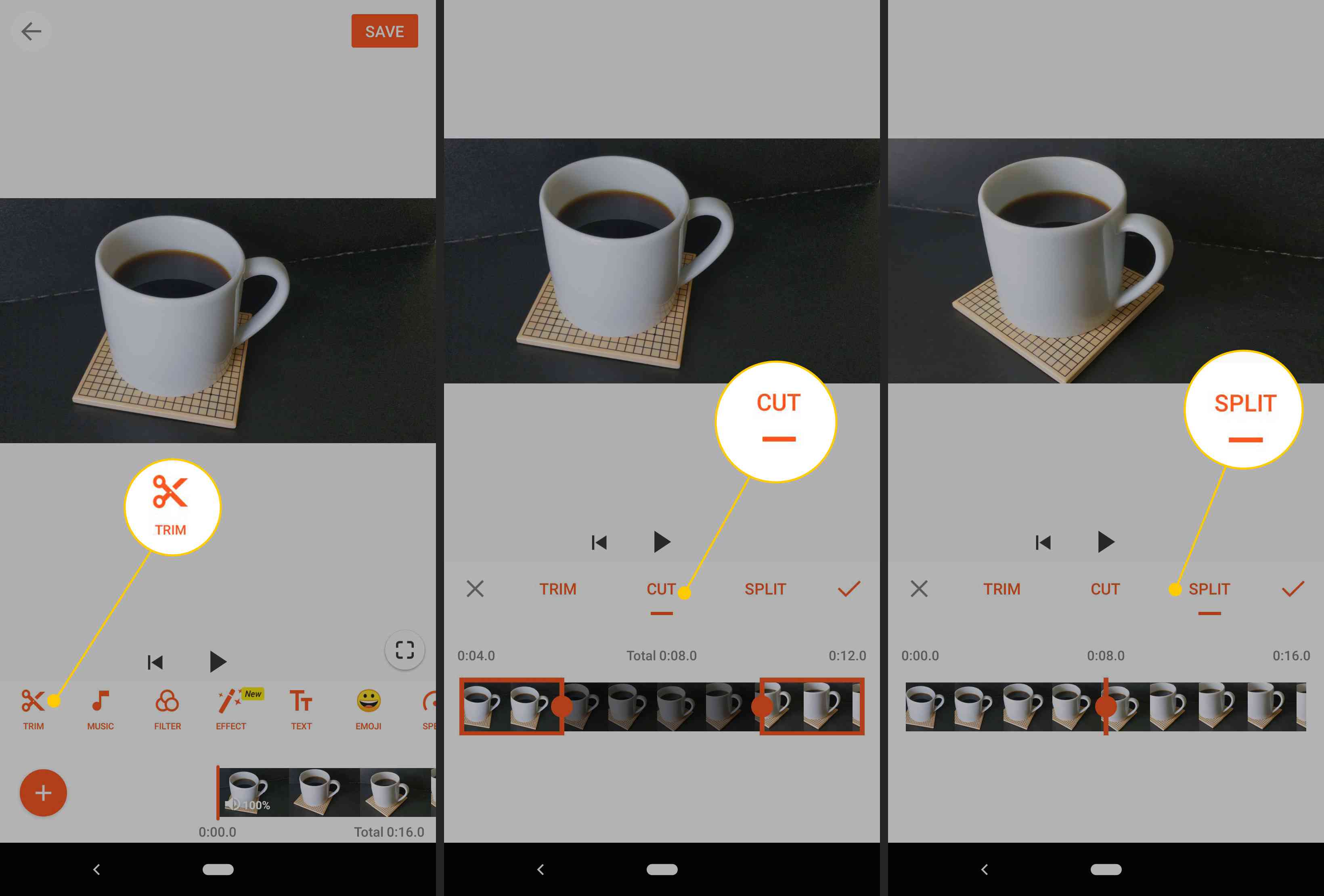 Кнопки обрізання, вирізання, розбиття у програмі для редагування відео для Android